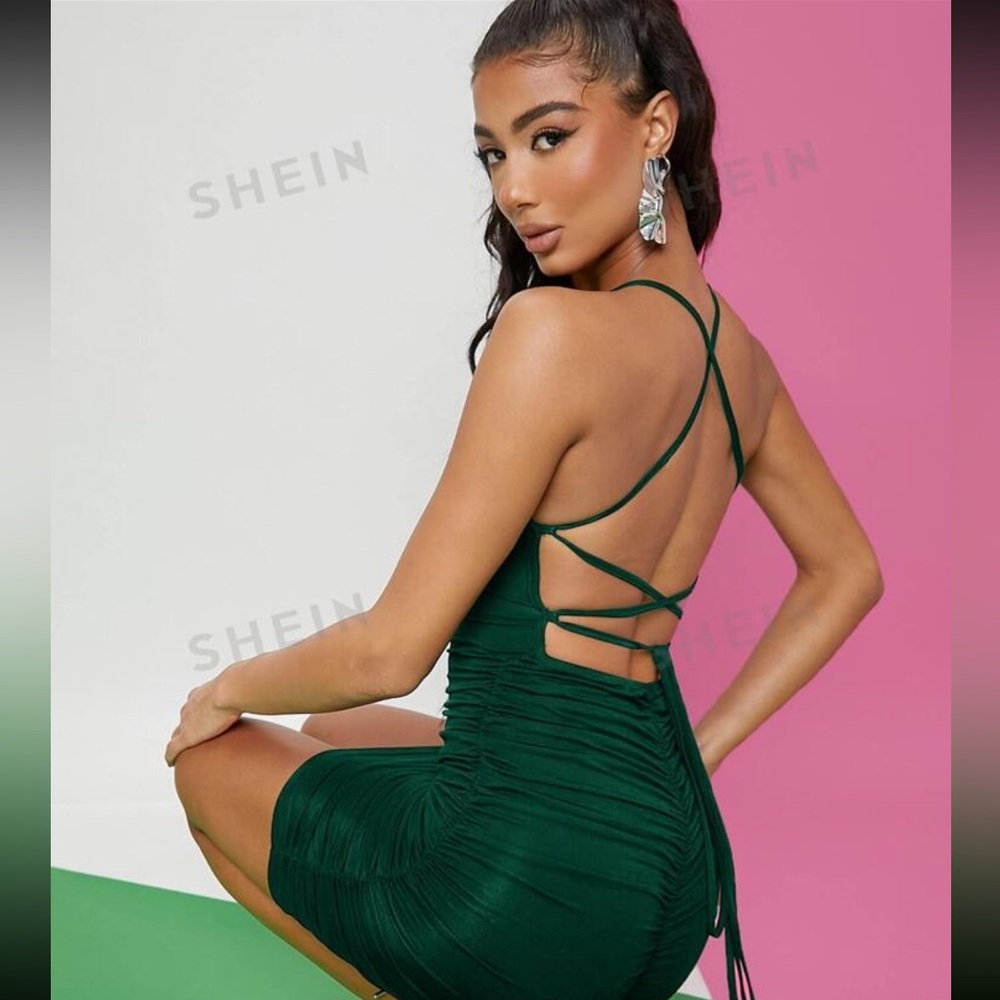 Green Criss Cross Lace Up Backless Ruched Bodycon Dress NEW